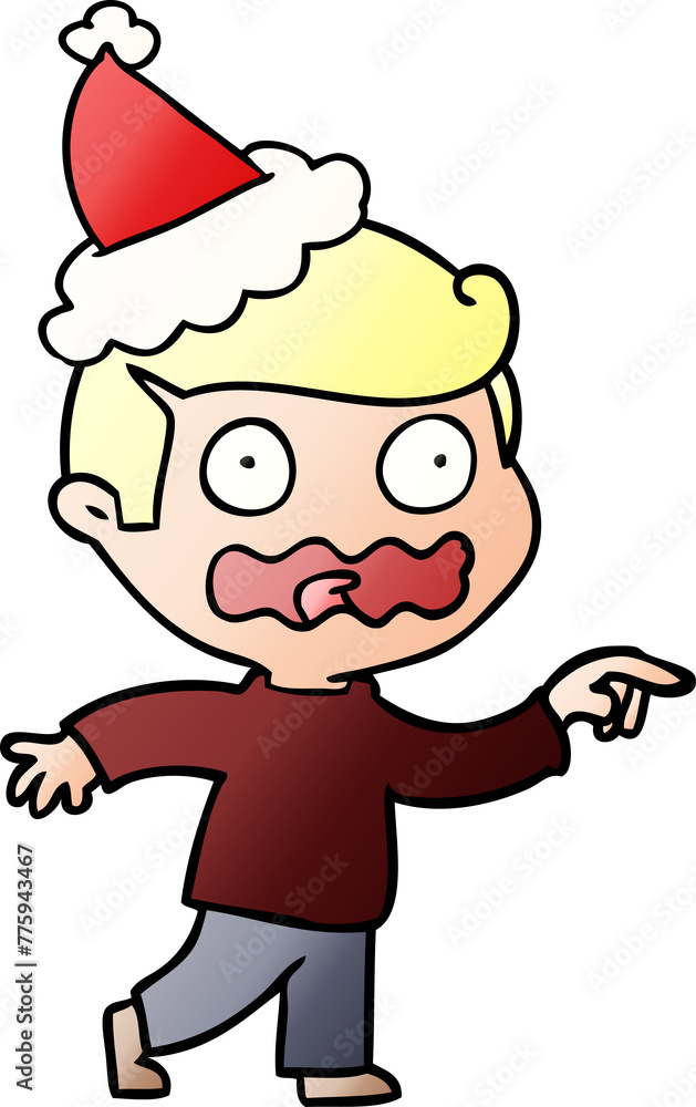 hand drawn gradient cartoon of a stressed out pointing wearing santa hat