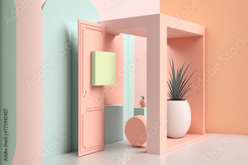 Pastel interior color block geometric 3D room wall photo