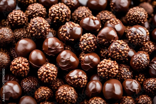 Close-up of chocolate-coated hazelnuts arranged in an alluringly abstract pattern.