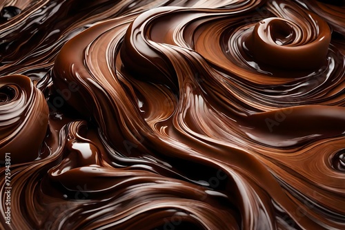 Abstract swirls of melted chocolate captured mid-motion, frozen in a mesmerizing dance of decadence.