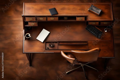 Top view of a vintage-inspired wooden desk with leather accents, evoking a sense of classic elegance.
