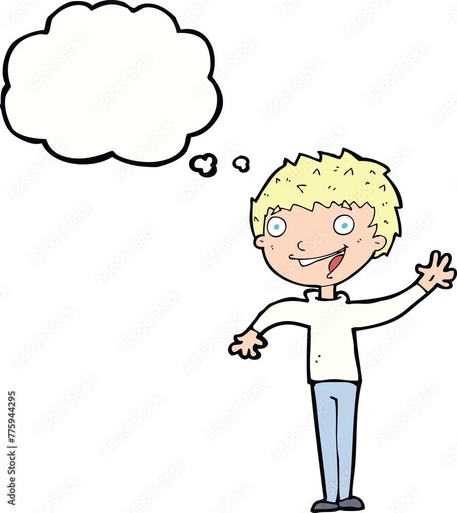cartoon happy boy waving with thought bubble cartoon happy boy waving with thought bubble