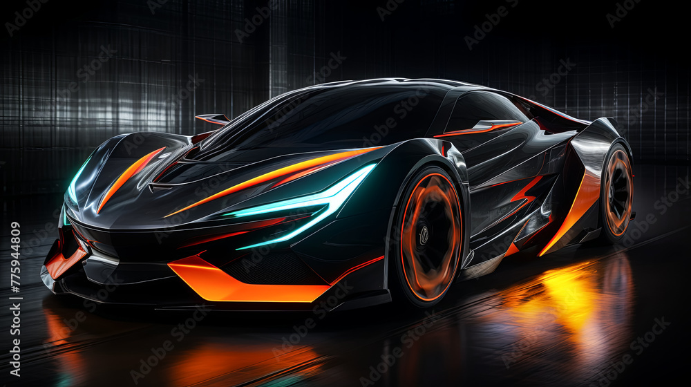 Racing car showcases aerodynamic body kit upgrades as it races through lively outdoor scenes.
