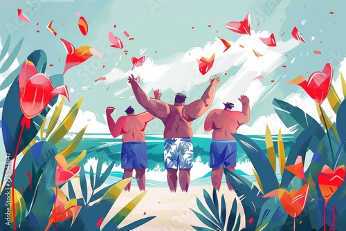 A Illustration of THREE happy, diverse, plus-size man in colorful swimwear standing confidently, embodying body positivity and diversity, beach summer party. 