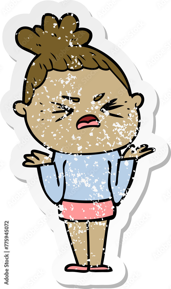 distressed sticker of a cartoon angry woman distressed sticker of a cartoon angry woman