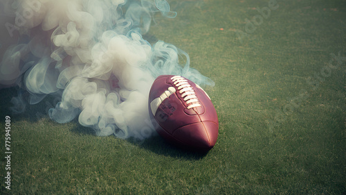 Football Resting on Vibrant Green NFL Field with smoke, 