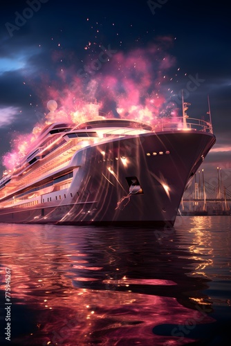 Cruise ship with fireworks in the night sky. 3d rendering
