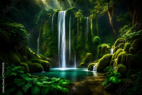 A majestic waterfall surrounded by lush greenery  creating a serene and picturesque scene.