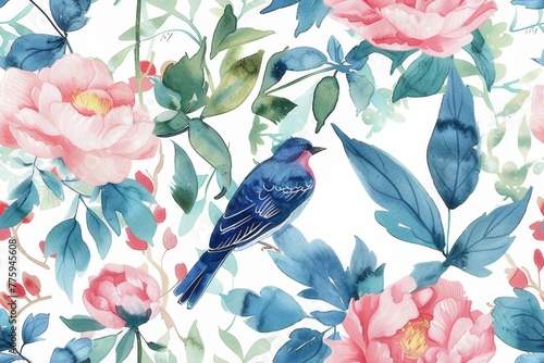 Seamless vintage watercolor with peonies and birds. © Thi