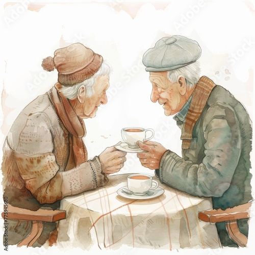 An intimate moment between an elderly couple, sitting together with a cup of tea.