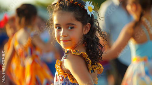 A smiling girl adorned in a festive costume looks over her shoulder at a cultural festival