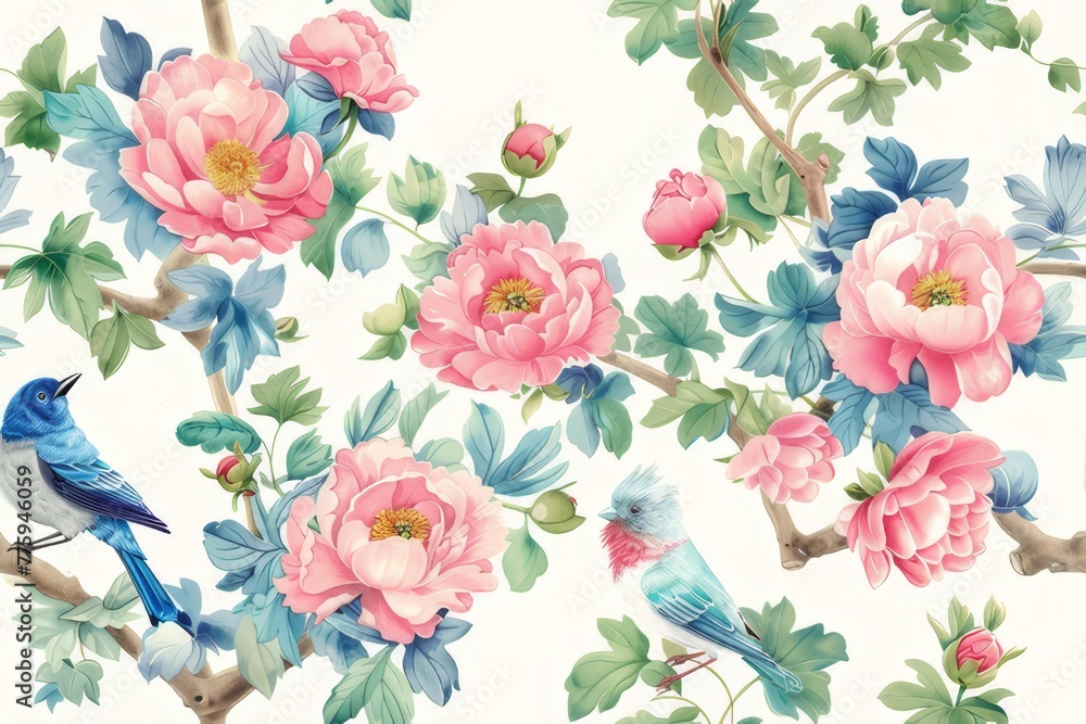 Fototapeta Seamless vintage watercolor with peonies and birds.