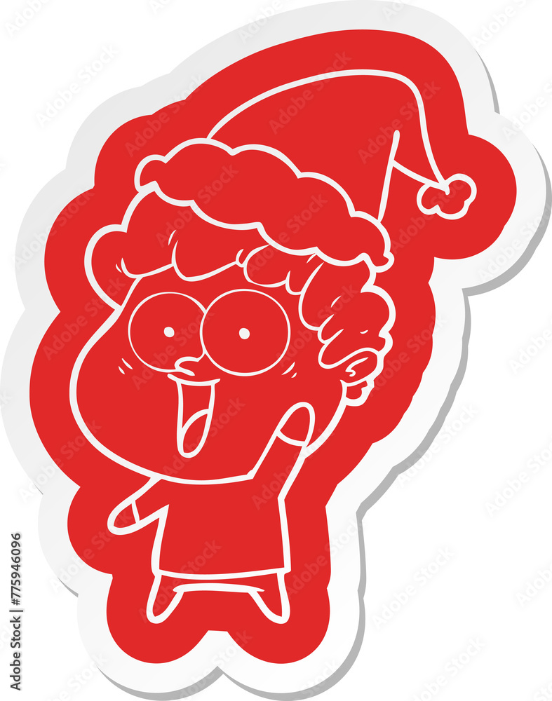 quirky cartoon sticker of a happy man wearing santa hat quirky cartoon sticker of a happy man wearing santa hat