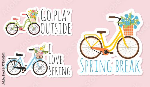 Three cute women's bicycles with baskets of spring flowers. Set of spring stickers with lettering on spring theme. Vector compositions for greeting card, scrapbooking, magnets
