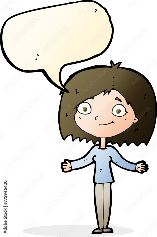 cartoon woman shrugging shoulders with speech bubble cartoon woman shrugging shoulders with speech bubble