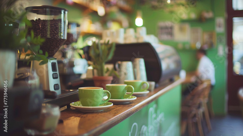 Cozy cafe atmosphere  coffee machine  green cups. Kafe aesthetics