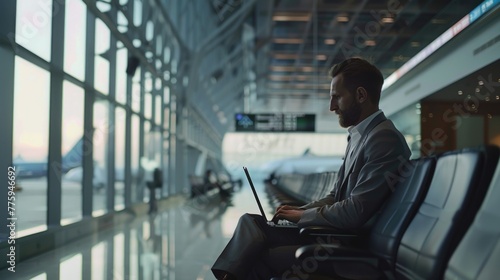 A man sitting in an airport with a laptop. Suitable for business and travel concepts