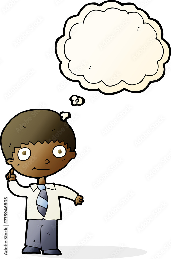 cartoon school boy with idea with thought bubble cartoon school boy with idea with thought bubble