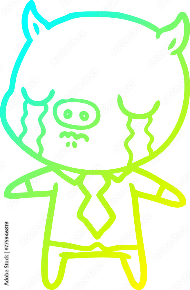 Fototapeta premium cold gradient line drawing of a cartoon pig crying wearing shirt and tie