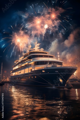 Luxury cruise ship with fireworks in the night sky. Panorama © Iman