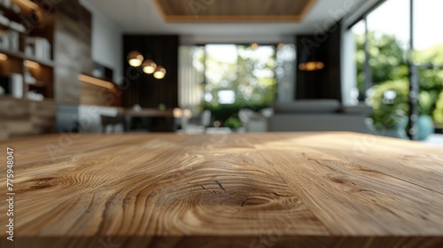 A wooden table placed in front of a window. Ideal for home decor concepts © Fotograf