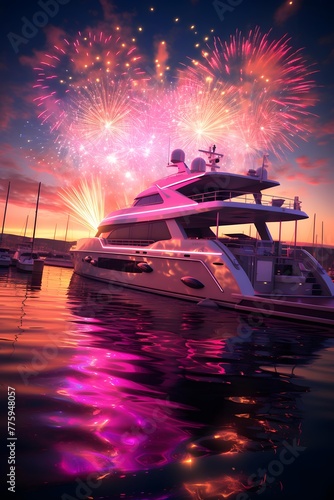 Celebratory fireworks over the marina at night. 3d rendering
