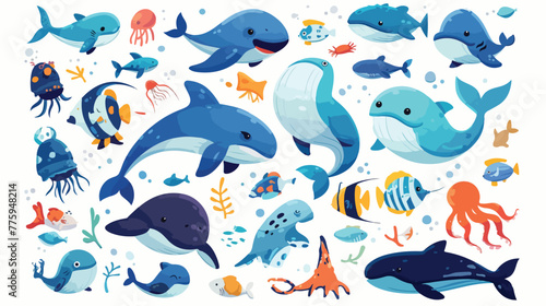 Sea animals on white background illustration 2d fla