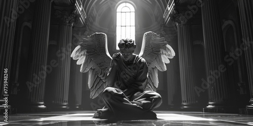 A serene angel statue sitting on a polished marble floor, suitable for religious or memorial themes