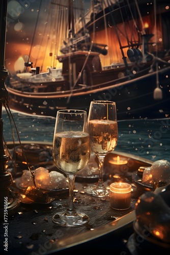 Christmas card with two glasses of champagne on the background of a sailing ship