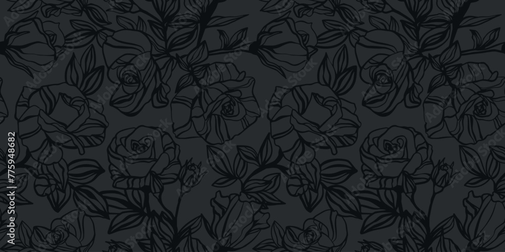 Seamless pattern with rose flowers. Black rose background. Luxury Pattern black rose on grey background. Floral stylish dark background for textile, wrapping, wallpapers, invitation, card, package