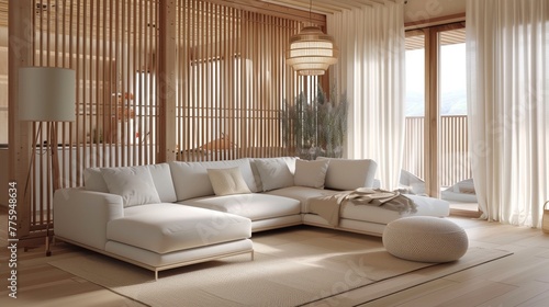 stylish modern living room interior with elegant wood stripe wall design