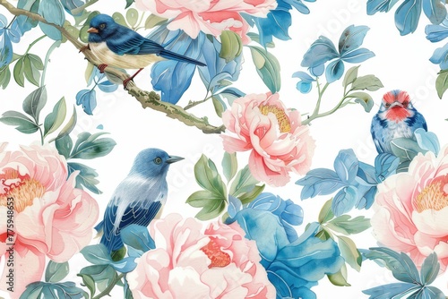 Seamless vintage watercolor with peonies and birds.