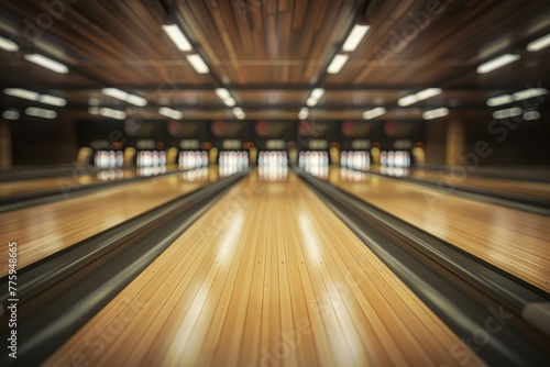 An image of a bowling alley with pins and bowling balls. Perfect for sports and leisure concepts © Fotograf