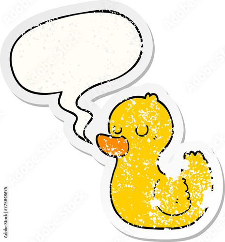 cartoon duck with speech bubble distressed distressed old sticker photo