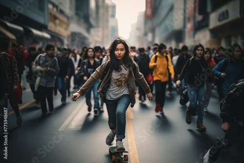 Young Woman Skateboarding Through Busy City Street at Dusk