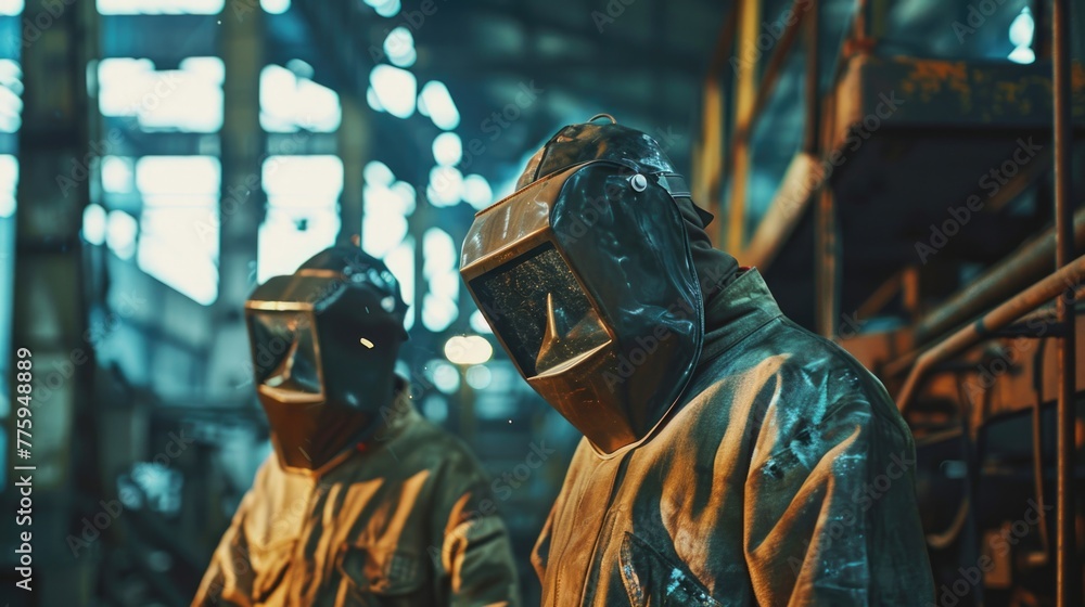 Group of men wearing protective gear in a factory. Suitable for industrial safety concepts