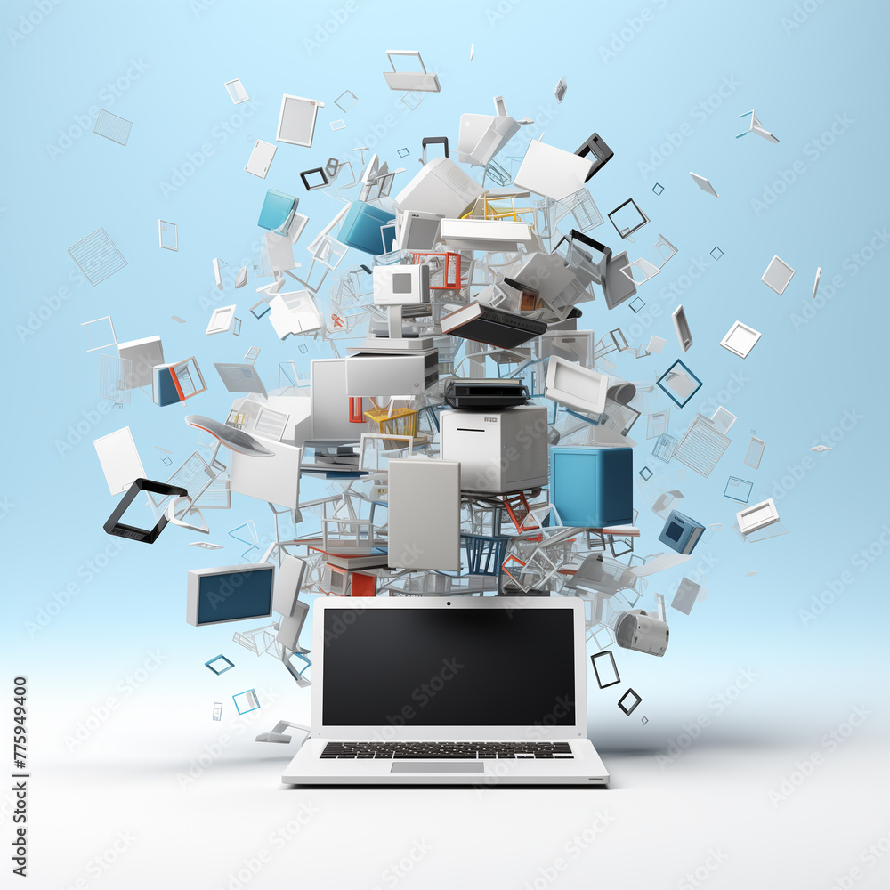 Explosion of Digital Content Streaming From a Laptop Against a Solid Background Explosion of Digital Content Streaming From a Laptop Against a Solid Background