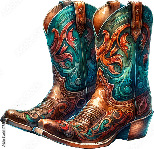 Turquoise and Brown Leather Cowgirl Boots Watercolor Clipart Isolated 