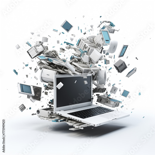 Exploding Laptop Amidst a Cloud of Electronic Debris and Office Equipment
