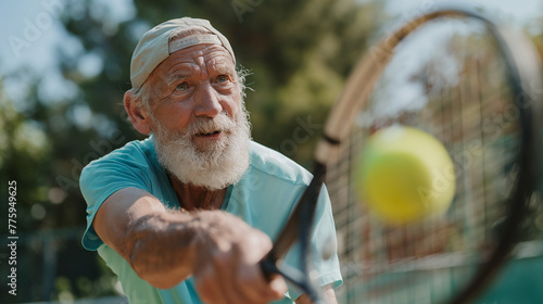Elderly man playing tennis, hitting a ball