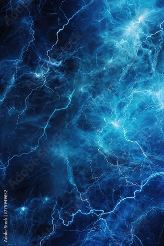 A dramatic blue and black background with lightning in the sky. Perfect for adding a sense of tension and energy to your design projects