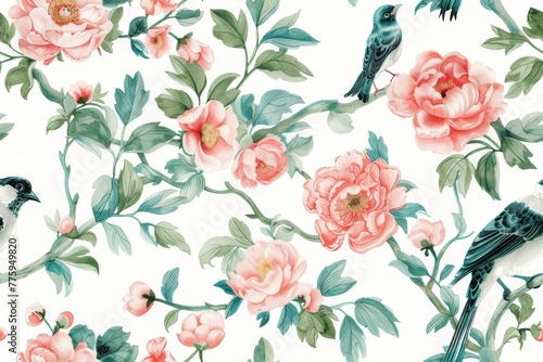 Seamless vintage watercolor with peonies and birds.