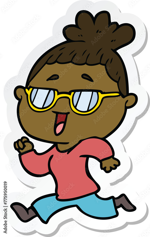 sticker of a cartoon happy woman wearing spectacles