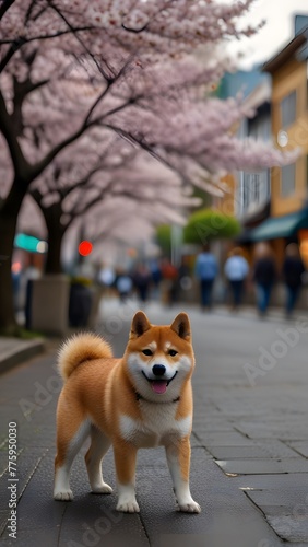  happy shiba inu dog sitting on a paved path surrounded by blooming cherry blossom trees © Matteo
