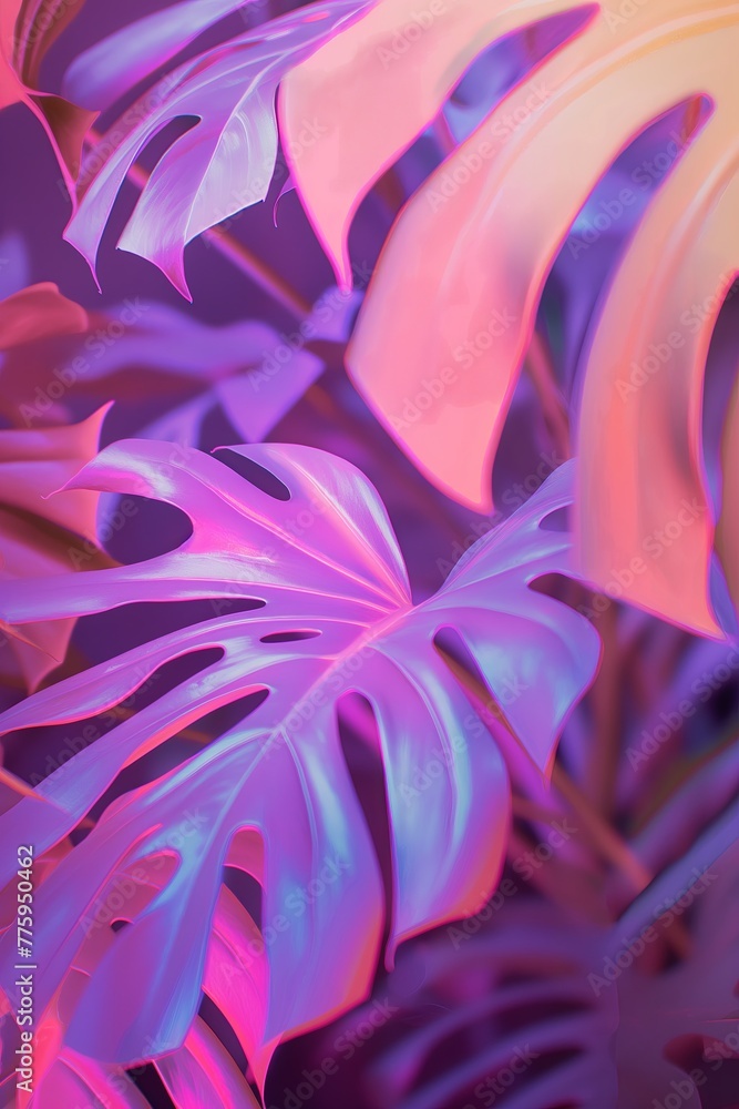 An abstract of Monstera leaves basking in a vibrant neon glow, ideal for modern art and botanical themes.