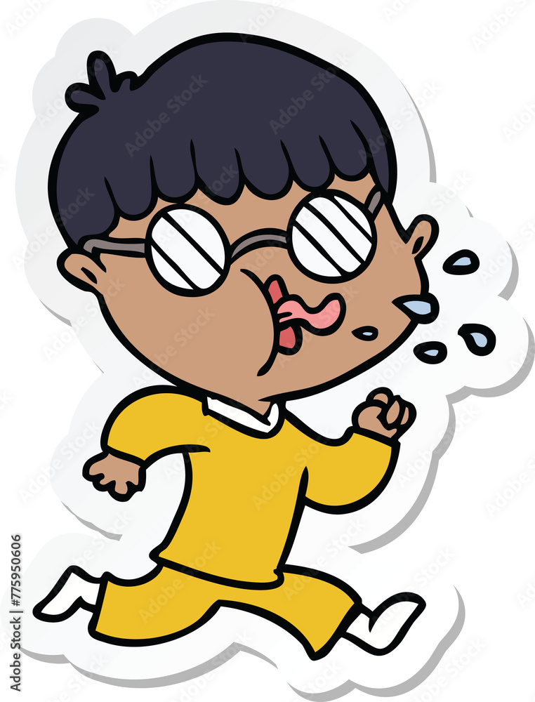 sticker of a cartoon boy wearing spectacles and running