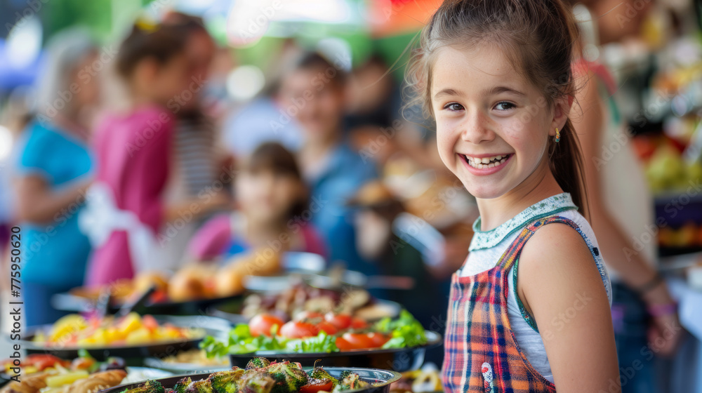 Close-up of a girl with a joyful expression in front of an outdoor food stand with blurred offerings in the backdrop Close-up of a girl with a joyful expression in front of an outdoor food stand with blurred offerings in the backdrop