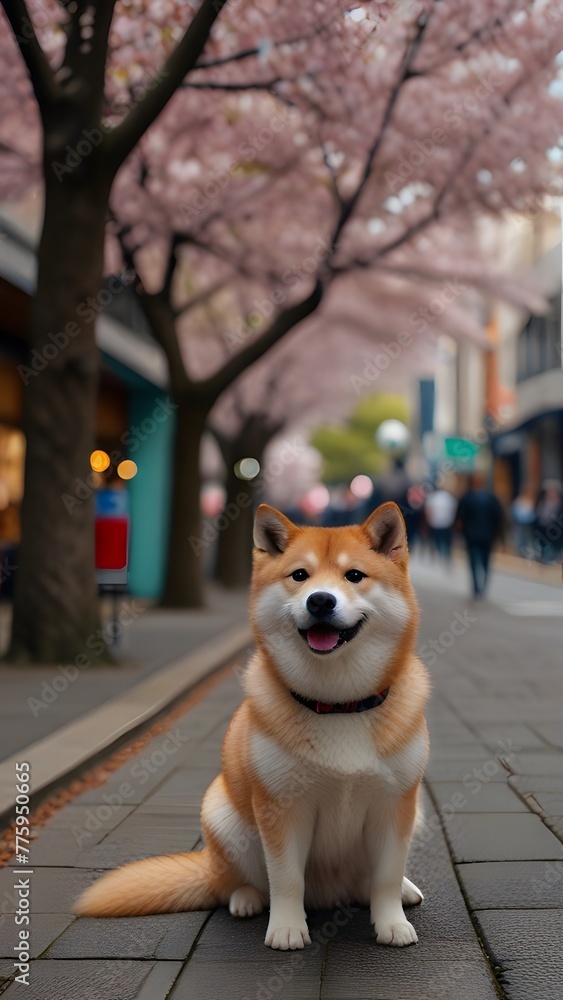 happy shiba inu dog sitting on a paved path surrounded by blooming cherry blossom trees happy shiba inu dog sitting on a paved path surrounded by blooming cherry blossom trees