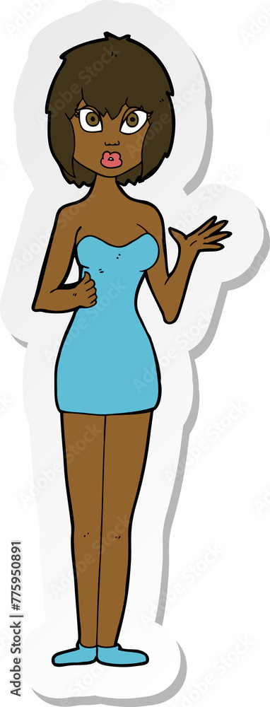 sticker of a cartoon confused woman in cocktail dress sticker of a cartoon confused woman in cocktail dress