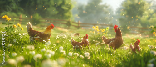 Chickens graze freely in the vibrant farm meadow at sunlight - Ai Generated photo